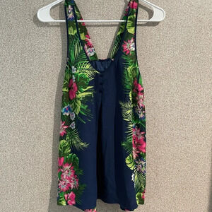 Candies Tropical Floral Sleeveless Top Navy Blue Pink Green Bow Back Size M